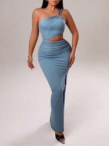 Zolique Women's Solid Color Minimalist Fitted Casual Knit Braided Rope Dress - Blue - View 3