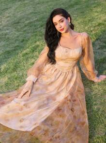 Modelyn Women's Tie Dye Print Sweetheart Collar Mesh Long Sleeve Elegant Mid-Length Dress Fall Cloth For Women