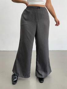 Flirla Damen Große Größen vertikale gestreifte Hose mit Taillenbund und Glockenform, elegante graue Vintage-Hose mit Passform