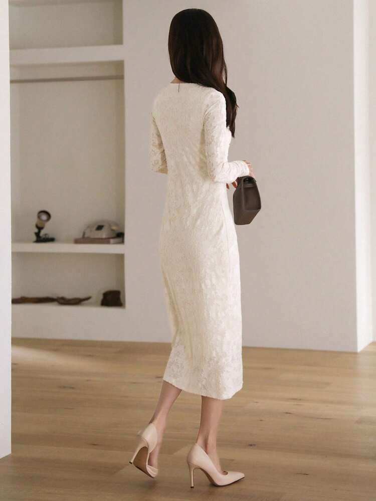 Textured Fabric Twist Detail Long Sleeve Fitted Dress, Elegant Women Long Fall Dress