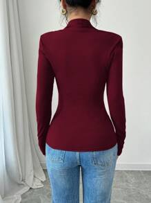 INAWLY 1件女款優雅純色心形領修身T恤秋季女裝 - 酒紅色 - 查看 2