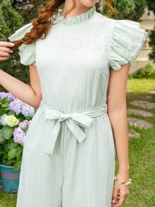 SHEIN 优雅荷叶边立领盖袖连体裤，适合少女，灰绿色 - 薄荷綠 - 查看 7