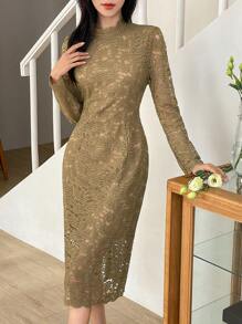 DAZY 优雅淑女蕾丝收腰紧身中长连衣裙，成熟气质，秋季连衣裙长袖连衣裙奢华舞会礼服 - 卡其色 - 查看 1