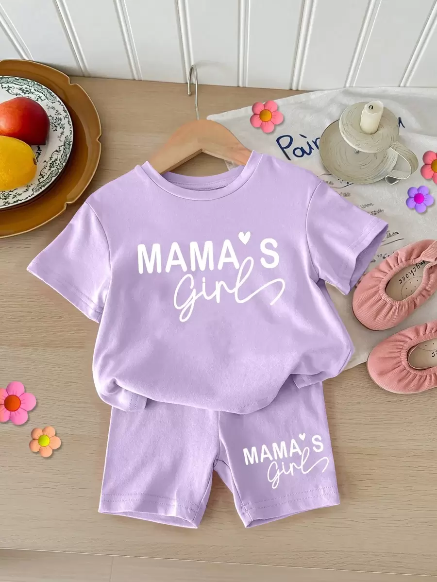 SHEIN 女宝宝简约休闲短袖短裤套装，适合夏季