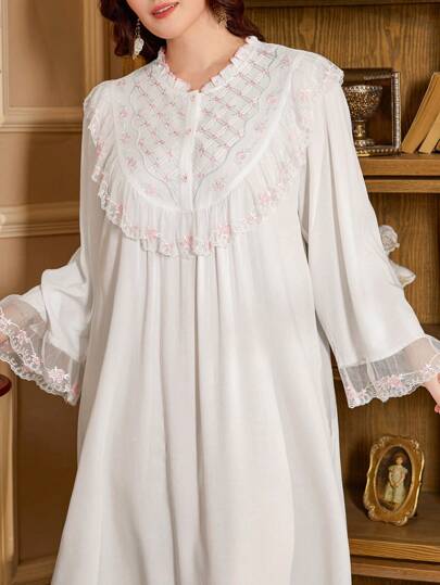 PalaceNights فستان نوم طويل بأكمام طويلة مطرز بشكل مكثف على الطراز القصري، مريح وفضفاض، فستان نوم مو مو، للخريف