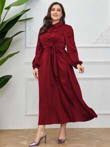 Modelyn Women's Plus Size Lantern Sleeve Layered Dress With Tie Bow, Elegant Satin Party Dress - Multicolor - View 1