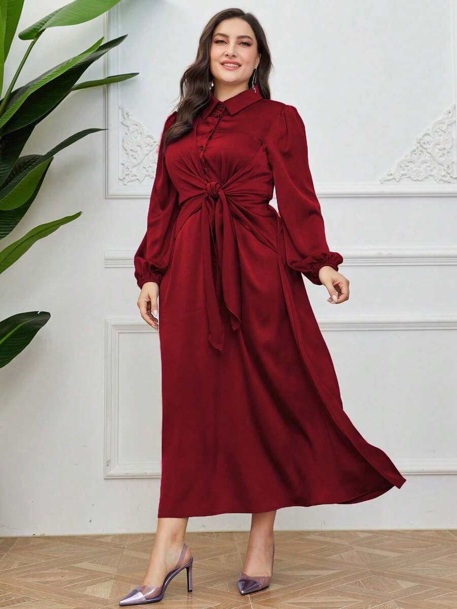 Modelyn Women's Plus Size Lantern Sleeve Layered Dress With Tie Bow, Elegant Satin Party Dress - Multicolor - View 1
