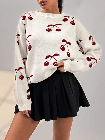 EURMUSE Camisola feminina com padrão de cereja, gola redonda e ombros caídos, camisola creme, camisolas, camisola preta, camisola feminina, camisola branca, camisola feminina, camisolas femininas, roupa de inverno