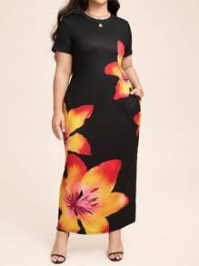 SHEIN LUNE Plus Size Floral Print Dress, Casual Holiday Style Summer Outfits For Women Maxi Dresses For Women Office Outfits For Women Boho/Bohemian,Resort Dresses, 
 Outdoor Essential For Daily Wear Sundress