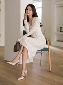 DAZY Textured Fabric Twist Detail Long Sleeve Fitted Dress, Elegant Women Long Fall Dress - Beige - View 1