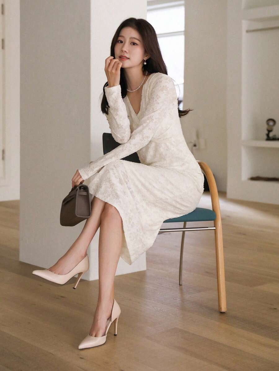 DAZY Textured Fabric Twist Detail Long Sleeve Fitted Dress, Elegant Women Long Fall Dress - Beige - View 1