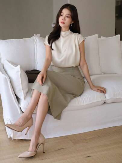 DAZY 优雅休闲夏季纯色褶饰修身女式短袖衬衫