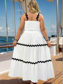 SHEIN VCAY Plus Size Black Wave Trim Twist Front Crop Top And Matching Black Wave Trim Loose A-Line Skirt, 2 Pieces Romantic Beach Outfit, Suitable For Valentine's Day, Western, Festival, Boho, Hippie, Cowgirl, Bohemian, Old Money, Summer, Beach, St. Patrick's Day