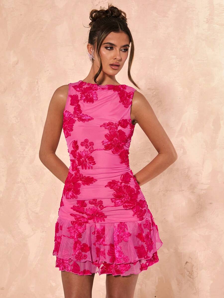 SHEIN BAE Women's Summer Vacation Elegant Textured Knit Fabric Double Layer Ruffle Hem Mini Dress, Beach Outfits For Woman, Concert Outfit Women, Brunch Outfits For Women, Beach Vacation Outfits, Festival Outfits For Women, Birthday Dress, Graduation Dress Summer Dresses For Women - Pink - View 1