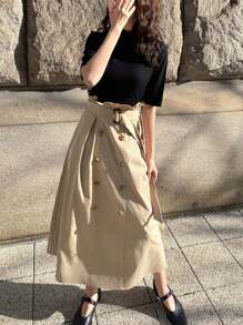 FRIFUL Women's Color Block Half-Turtleneck Waist Cinched Mid-Length Dress Sundress - Khaki - View 6