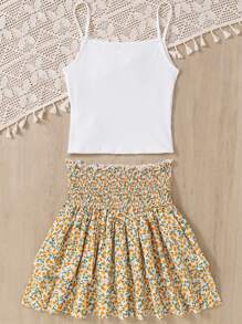 SHEIN Set de 2 piezas para niñas adolescentes: Camiseta con volantes y encaje y mini falda con estampado floral ditsy