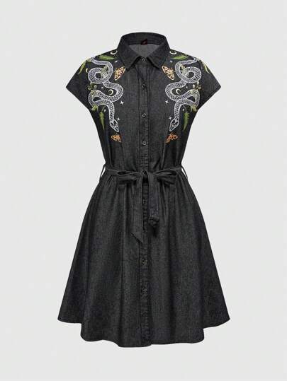 Goth Robe en jean imprimé peau de serpent, papillon et lune