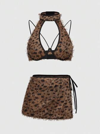Grunge Punk 3-teiliges Punk Sexy Dessous Set: Gefranster leopardenprint Neckholder Crop Top, G-String Höschen und Mini Rock