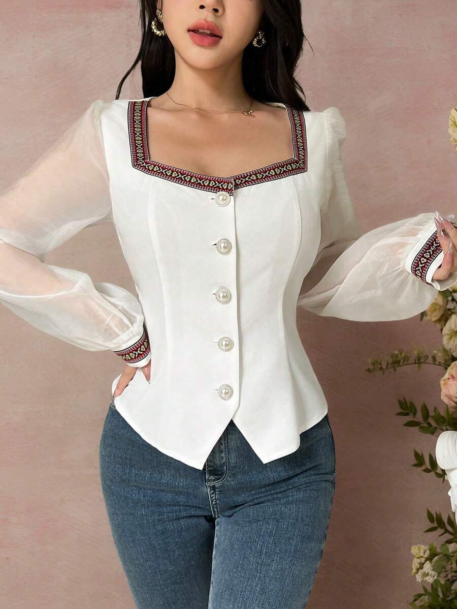 Chiquease Women's Ribbon Trim Chiffon Sleeve Buttoned Square Neck Mid East Ramadan Shirt - White - View 1