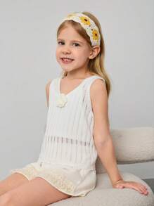 Maija Kids Maija Kids Áo ba lỗ dệt kim họa tiết hoa màu trơn bó sát cho bé gái - trắng - Xem 1