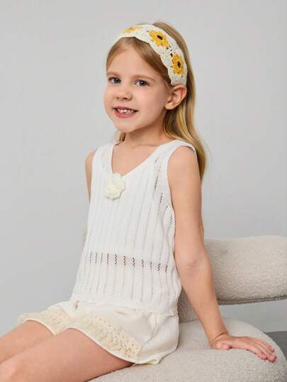 Maija Kids Maija Kids Young Girl Tight Solid Color Floral Decor Knit Tank Top