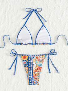 SHEIN Swim Geometryczny i kwiatowy nadruk Halter Naszyjnik z dekoracją ze złotej muszli Bikini Set, na letnie wakacje