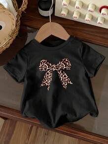 SHEIN Leap Crew Baby Girl Casual Short Sleeve Round Neck Top, Suitable For Summer - Black - View 3