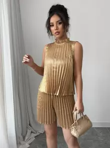 Elenzga Elegante conjunto de 2 piezas con volantes en el cuello, de tela metálica plisada, con acabado romántico y bohemio, estilo resort, para mujer