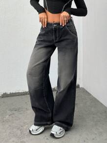 EURMUSE CASUAL Y2K LOW WAIST WSHAED WIDE LEG JEANS - Black - View 4