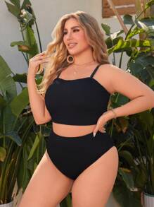 Swim Vcay 加大码 2 件套比基尼套装纯色可调节可拆卸肩带上衣搭配高腰三角裤，性感优雅女士海滩度假泳装，适合夏季度假