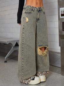 SHEIN ICON Jeans de mujer con estampado de leopardo, puños retro y efecto desgastado - Azul lavado medio - Ver 4