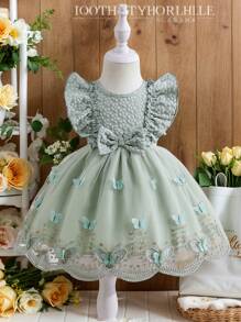 SHEIN Glamorique Kids Baby Girl Elegant Bow & Ruffled Mesh Jacquard Dress,Baby Girl Infant Toddler Princess Dress,Doll Dress,Summer