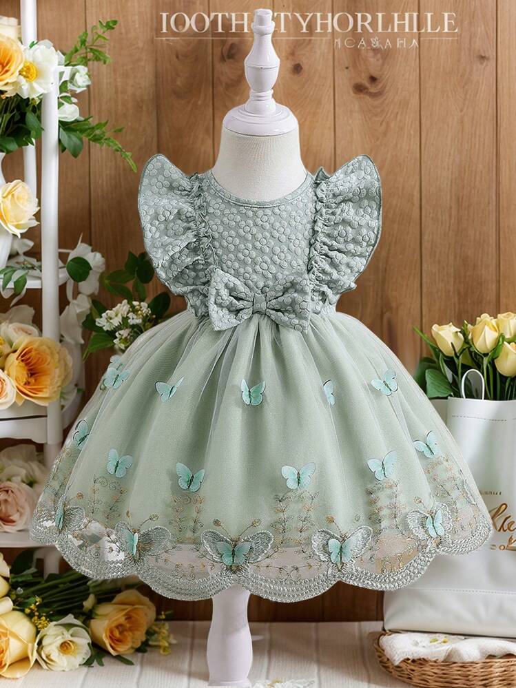 SHEIN Glamorique Kids فستان أنيق للبنات الرضع مزين بفيونكة وشبكة مكسرة، فستان أميرة للبنات الرضع، فستان دمية، صيفي - أخضر - مشاهدة 2