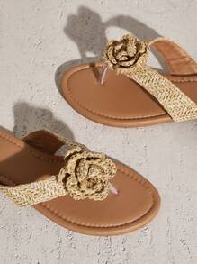 SHUZIA 女士单花拉菲草穿脱式人字拖凉鞋 - 米色 - 查看 6