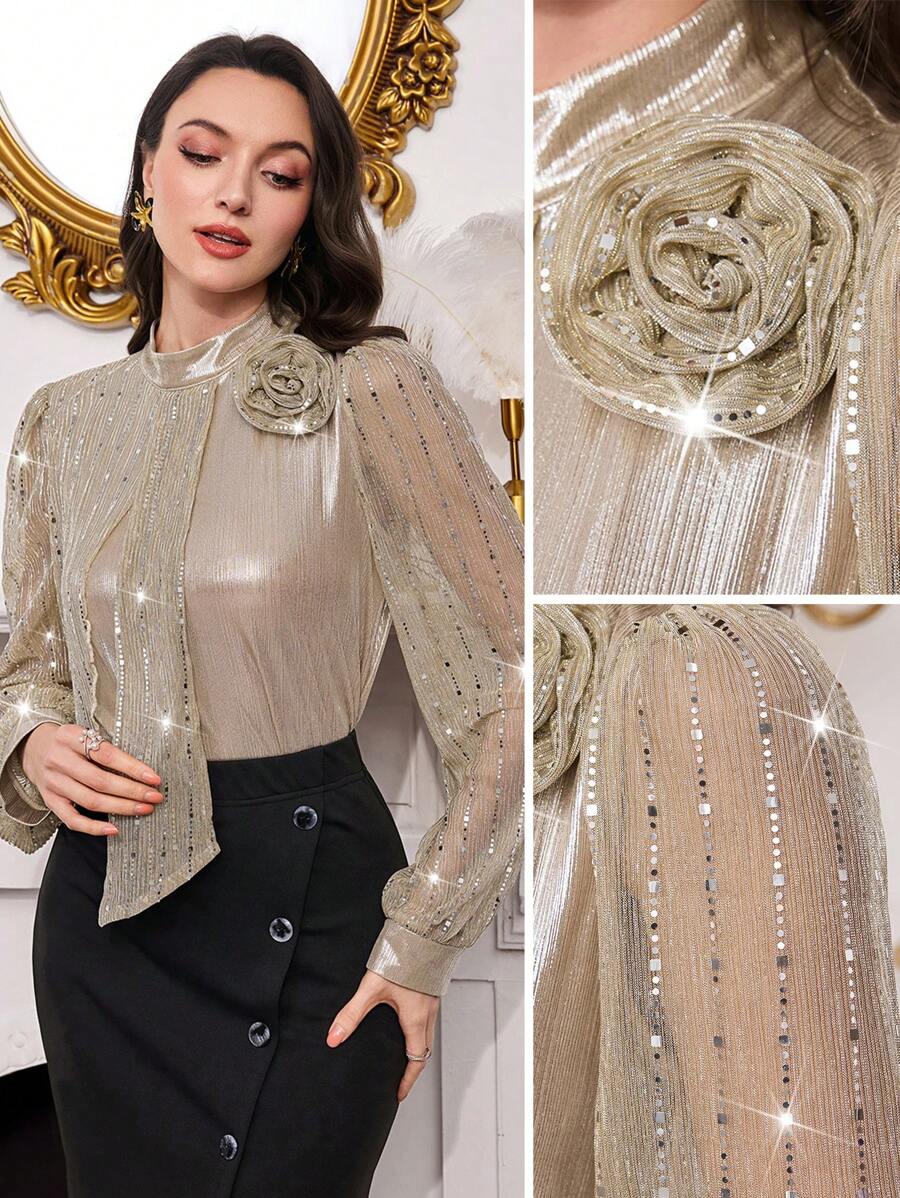 Modelyn Sequins Patchwork Long Sleeve Women Shirt - Gold - View 1
