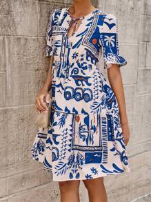 Breezaya Tropical Print Ruffle Sleeve Vacation Style Dress For Women