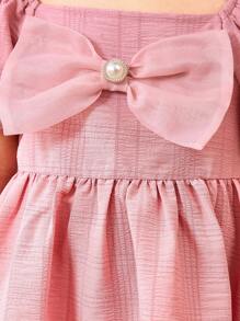 SHEIN Vestido casual y elegante para bebé niña con mangas farol, estampado floral de jacquard de organza y decoración de gran lazo - Rosa vieja - Ver 5