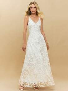 Poéselle Abito a bretelle con ricamo floreale tridimensionale bianco francese, senza schienale, in pizzo, abito lungo a bretelle scollo a V, abito da fata, abito floreale, abito lungo da spiaggia, abito da cerimonia nuziale leggero, abito primaverile, abito da laurea bianco - Bianco - Visualizzare 4