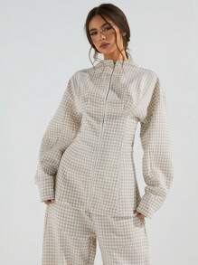 Athîral Women's Casual Regular Jacket, Minimalist And Fashionable For Daily Wear,Gingham Tweed In Fall/Winter - Khaki - View 3