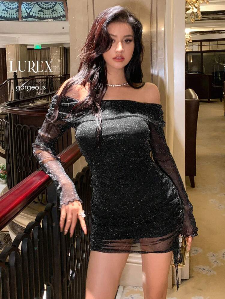Off Shoulder Contrast Mesh Bodycon Dress, Birthday ,New Year Eve Prom Dress Party Women,Fall Dress Homecoming Dresses Long Sleeve Dress Elegant Women Dresses Valentines Carnival