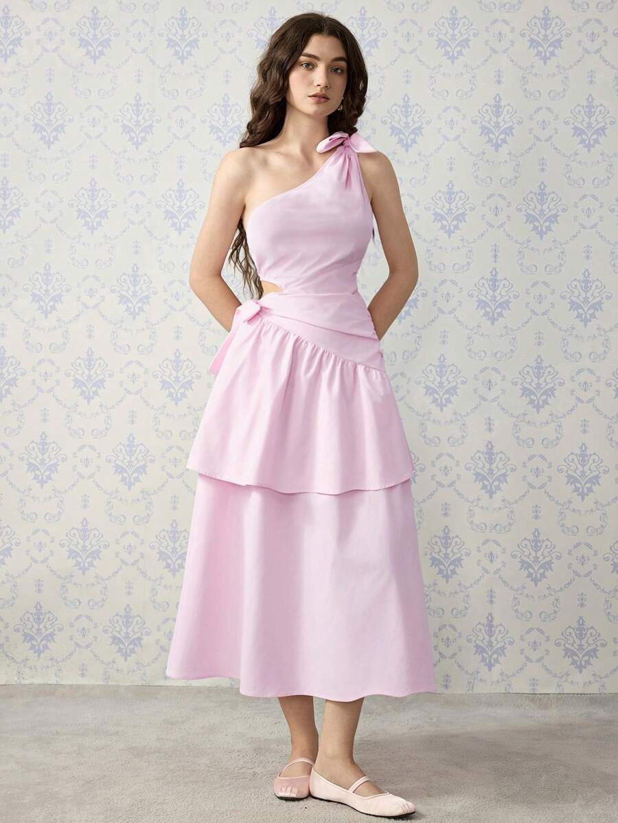 SHEIN MOD 不对称领口蝴蝶结腰部拼布飘逸下摆长裙，粉色 - 粉色 - 查看 1