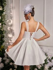 Lovelzi Elegant, Luxurious And Elegant White Lace Satin Straps Dress, Suitable For Festivals, Bachelorette Parties, Weddings, Graduations, Vacations, Bridal Shower Dresses, Little White Dress,Bride, For Valentine's Day - White - View 3