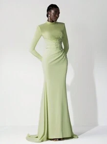 Elitara 极简主义绿色水钻和人造珍珠褶皱美人鱼长裙，婚礼宾客礼服，适合晚会、正式晚宴和庆典，派对礼服，礼服 - 綠色 - 查看 5