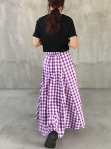 FRIFUL 女士紫色高腰A字格子半身裙，夏季连衣裙 - 紫色 - 查看 5