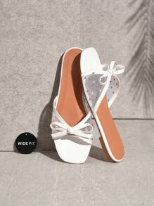 SHUZIA 女士时尚舒适系带蝴蝶结网面平底凉鞋 母亲节礼物 情人节礼物 宽楦 - 白色 - 查看 7