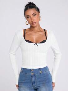 SHEIN BAE Women's Black And White Contrast Daily Casual Street Lace Long-Sleeved Bow Decoration Slim T-Shirt, Going Out Tops, Music Festival Wear - Grey - View 6