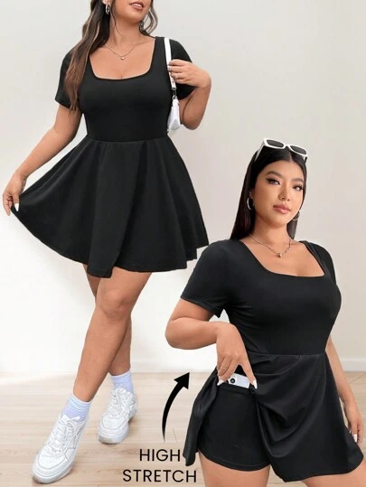 Solflare Black Plus Size Women Tennis Dress,Short Sleeve Solid Color Casual Simple Dress, A-Line Ruffled Hem High Stretch Fabric With Pockets For Outdoor, Yoga, Fitness,Spring Summer Clothes,Graduation Dress