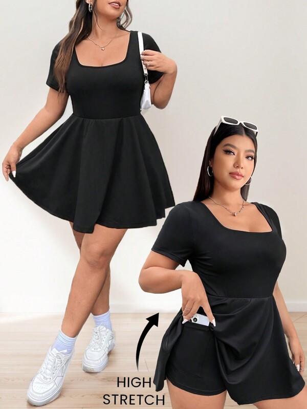 SHEIN EZwear Rochie simplă ocazională, cu mâneci scurte, cu mâneci lungi, mărimi mari, țesătură elastică înaltă, cu tiv cu volane, cu buzunare, pentru exterior, yoga, fitness, haine de primăvară-vară