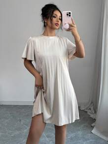 Elenzga 女士休闲褶皱荷叶边袖短袖连衣裙 - 杏色 - 查看 4