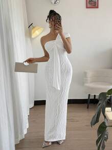 Rafferiza Đầm suông thanh lịch, rộng rãi, thắt nơ phía trước bất đối xứng - trắng - Xem 1